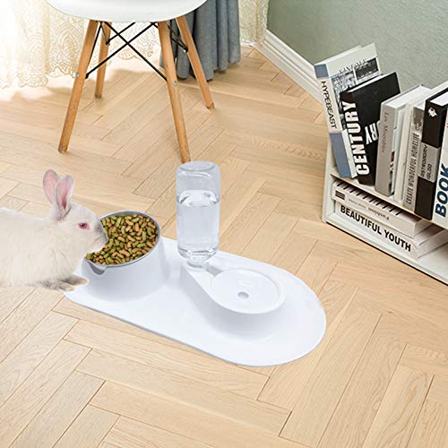 Tfwadmx Rabbit Double Bowls Bunny Automatic Water Dispenser Detachable Plastic Bottle Adjustable Titled Neck Protection Food Feeder for Chinchilla Cat Puppy Squirrel and Other Small Animals