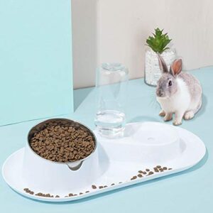 Tfwadmx Rabbit Double Bowls Bunny Automatic Water Dispenser Detachable Plastic Bottle Adjustable Titled Neck Protection Food Feeder for Chinchilla Cat Puppy Squirrel and Other Small Animals