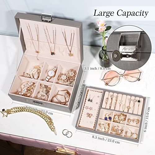 Allinside Jewelry Box Organizer for Women Teen Girls, 2 Layers PU Leather Jewelry Display Storage Case with Lock, Velvet Lining, Choice, Gray