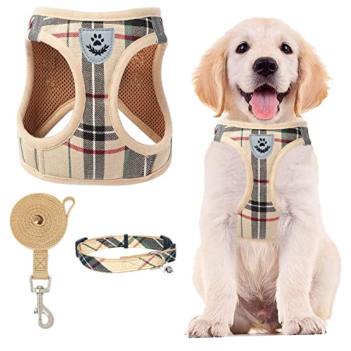 PUPTECK Adjustable Dog Harness Collar and Leash Set Step in No Pull Pet Harness for Small Medium Dogs Puppy and Cats Outdoor Walking Running, Soft Mesh Padded Reflective Vest Harnesses, Beige S