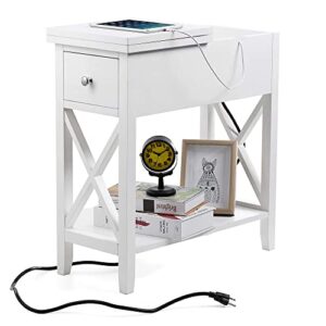 choochoo end table with flip top and charging station, narrow side table with storage cabinet and usb, skinny sofa table with power outlet for living room bedroom, white