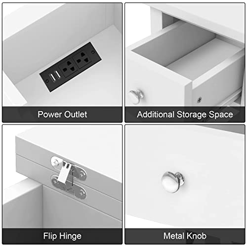 ChooChoo End Table with Flip Top and Charging Station, Narrow Side Table with Storage Cabinet and USB, Skinny Sofa Table with Power Outlet for Living Room Bedroom, White