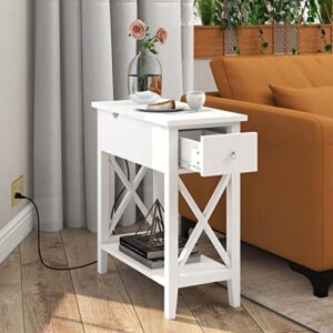 ChooChoo End Table with Flip Top and Charging Station, Narrow Side Table with Storage Cabinet and USB, Skinny Sofa Table with Power Outlet for Living Room Bedroom, White