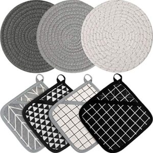 7 pieces square pot holders washable heat resistant pocket mitt with hanging loop and round thread weave coaster braided drink hot pad absorbent woven coaster for kitchen cooking dinning