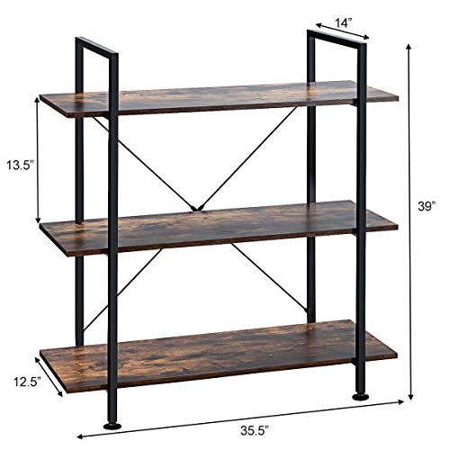 Giantex 3-Tier Industrial Bookshelf, Vintage Bookcase w/Metal Frame, Multipurpose Open Plant Flower Stand Storage Display Rack for Living Room Bedroom Kitchen Home Office, Brown