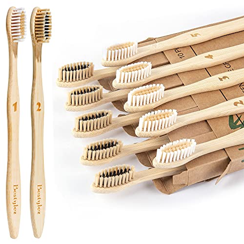 Bamboo Toothbrushes, BPA Free Medium Soft Bristle, Natural Biodegradable Wooden Toothbrush, Pack of 10