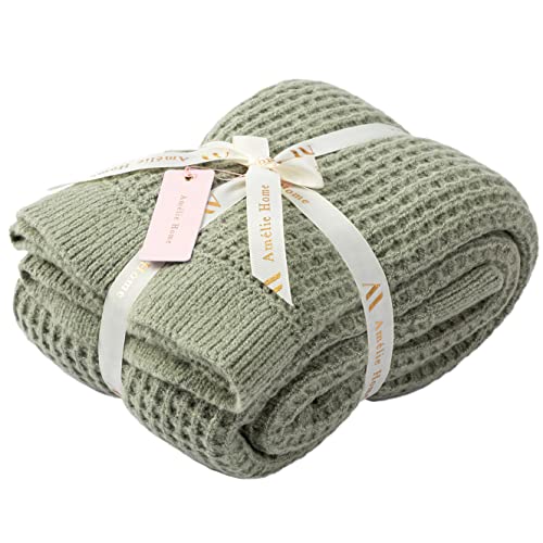 Amélie Home Sage Green Waffle Honeycomb Knit Throw Blanket with Ruffled Fringe, Lightweight Soft Cozy Chunky Wool Modern Farmhouse Checkered Knitted Throw Blankets for Couch Bed Sofa, 50'' x 60''