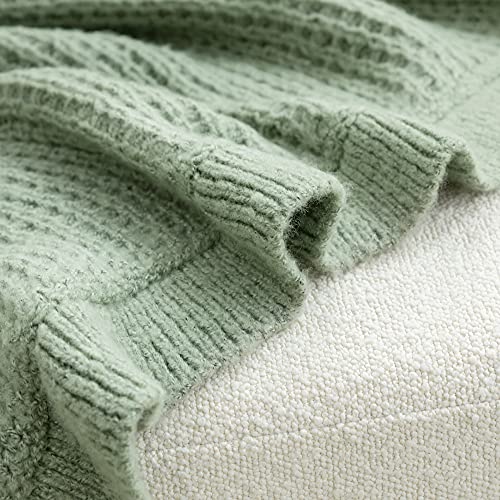 Amélie Home Sage Green Waffle Honeycomb Knit Throw Blanket with Ruffled Fringe, Lightweight Soft Cozy Chunky Wool Modern Farmhouse Checkered Knitted Throw Blankets for Couch Bed Sofa, 50'' x 60''