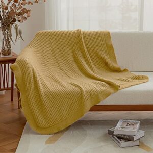 amélie home soft cozy waffle knit throw blanket with ruffled fringe, decorative lightweight knitted throw blankets for couch bed sofa (yellow, 50'' x 60'')