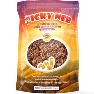 picky neb 100% non-gmo dried bsf larvae grubs (5 lbs) bulk - chicken treats & molting supplement - high-protein immune system booster snack for chickens - 85x more calcium than mealworms