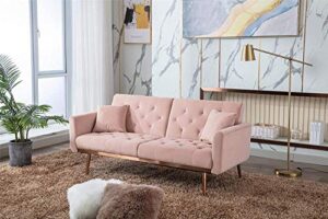 idfurlf mid century modern velvet fabric couch convertible futon sofa bed recliner couch accent sofa loveseat sofa with gold metal feet (59 pink)
