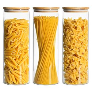 comsaf glass spaghetti pasta storage container with lids 74oz set of 3, tall clear airtight food storage jar with bamboo cover kitchen pantry storage container for noodles flour cereal coffee beans