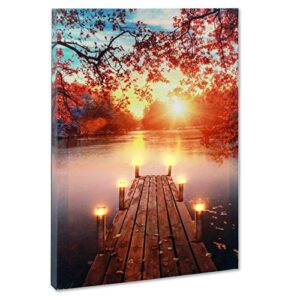 betyhom red maple sunrise scenery by the lake canvas wall art with lighted candles led (15.8x11.8 in)