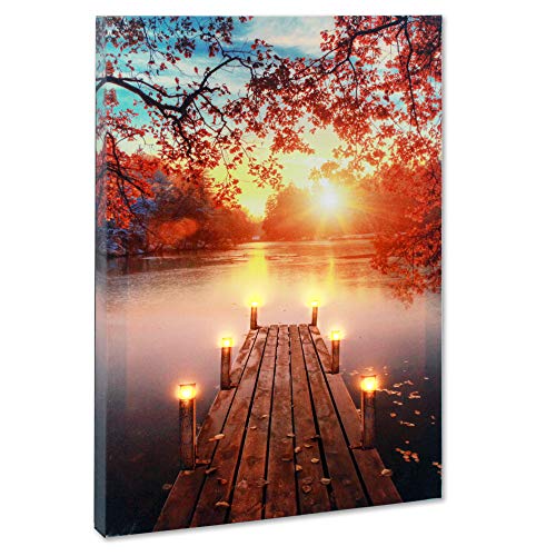 BetyHom Red Maple Sunrise Scenery by the Lake Canvas Wall Art with Lighted Candles LED (15.8x11.8 in)