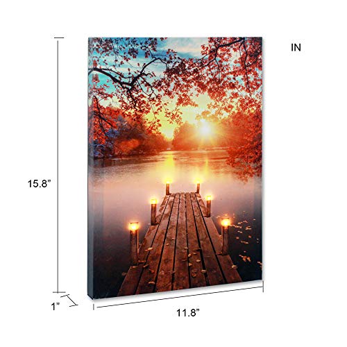 BetyHom Red Maple Sunrise Scenery by the Lake Canvas Wall Art with Lighted Candles LED (15.8x11.8 in)