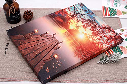 BetyHom Red Maple Sunrise Scenery by the Lake Canvas Wall Art with Lighted Candles LED (15.8x11.8 in)