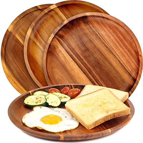 FANICHI Wooden plates (set of 4-11inch) Dinner Plates, Acacia Round Wood Plates, Unbreakable Classic Plates, Easy Cleaning & Lightweight for Dishes Snack, Dessert, Housewarming, Christmas Gift