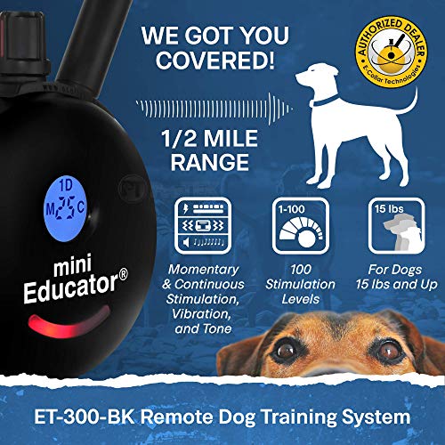 Educator - ET-300 Black - Ecollar Dog Training Collar with Remote Control - 1/2 Mile Range, Waterproof, Rechargeable, 100 Training Stimulation Levels, Vibration and Tone W/PetsTEK Training Clicker