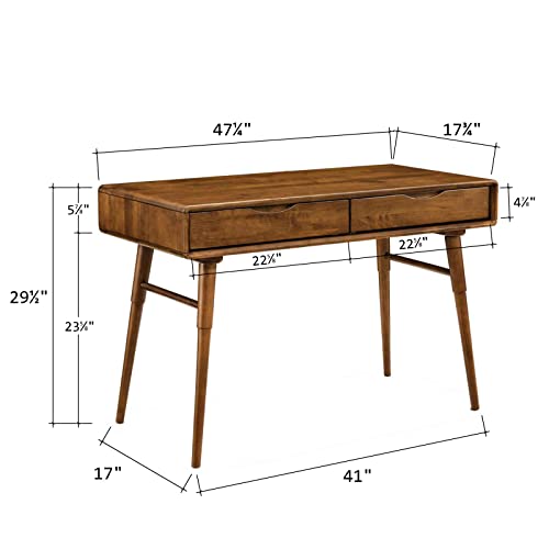 LuuLake Mid Century Modern Desk Writing Desk with Drawers Solid Wood Desk for Home Office Small Study Table Walnut 48x18