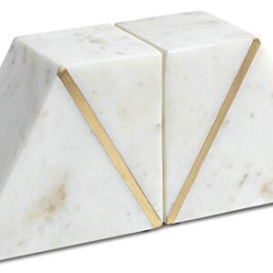 Cork & Mill Marble Bookends - Set of 2 Heavy Decorative Book Stoppers with Non-Skid Bottom - Handcrafted Solid Marble Bookshelf Decor (White + Brass)