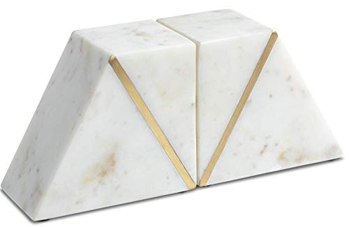 Cork & Mill Marble Bookends - Set of 2 Heavy Decorative Book Stoppers with Non-Skid Bottom - Handcrafted Solid Marble Bookshelf Decor (White + Brass)