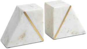cork & mill marble bookends - set of 2 heavy decorative book stoppers with non-skid bottom - handcrafted solid marble bookshelf decor (white + brass)