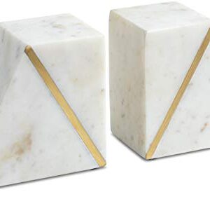 Cork & Mill Marble Bookends - Set of 2 Heavy Decorative Book Stoppers with Non-Skid Bottom - Handcrafted Solid Marble Bookshelf Decor (White + Brass)