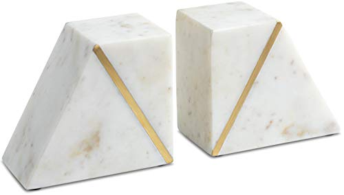 Cork & Mill Marble Bookends - Set of 2 Heavy Decorative Book Stoppers with Non-Skid Bottom - Handcrafted Solid Marble Bookshelf Decor (White + Brass)