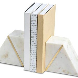 Cork & Mill Marble Bookends - Set of 2 Heavy Decorative Book Stoppers with Non-Skid Bottom - Handcrafted Solid Marble Bookshelf Decor (White + Brass)