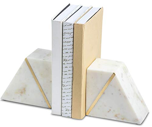 Cork & Mill Marble Bookends - Set of 2 Heavy Decorative Book Stoppers with Non-Skid Bottom - Handcrafted Solid Marble Bookshelf Decor (White + Brass)