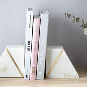 Cork & Mill Marble Bookends - Set of 2 Heavy Decorative Book Stoppers with Non-Skid Bottom - Handcrafted Solid Marble Bookshelf Decor (White + Brass)