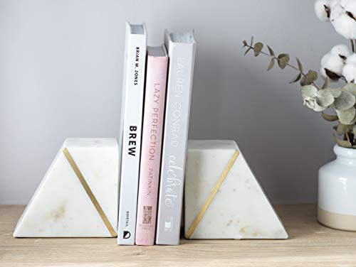 Cork & Mill Marble Bookends - Set of 2 Heavy Decorative Book Stoppers with Non-Skid Bottom - Handcrafted Solid Marble Bookshelf Decor (White + Brass)