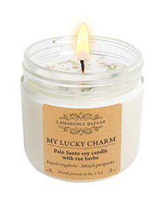 my lucky charm - cleansing palo santo with rue (ruda) herbs - large candle for healing, good luck and protection - 12 oz. soy candle in a kraft box