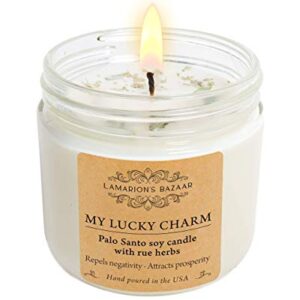 My Lucky Charm - Cleansing Palo Santo with Rue (Ruda) Herbs - Large Candle for Healing, Good Luck and Protection - 12 oz. Soy Candle in a Kraft Box