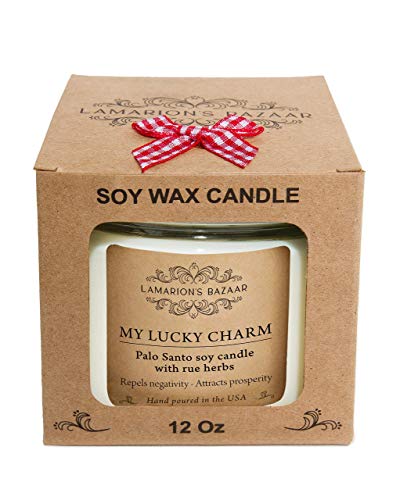 My Lucky Charm - Cleansing Palo Santo with Rue (Ruda) Herbs - Large Candle for Healing, Good Luck and Protection - 12 oz. Soy Candle in a Kraft Box