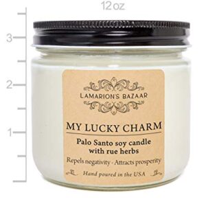 My Lucky Charm - Cleansing Palo Santo with Rue (Ruda) Herbs - Large Candle for Healing, Good Luck and Protection - 12 oz. Soy Candle in a Kraft Box