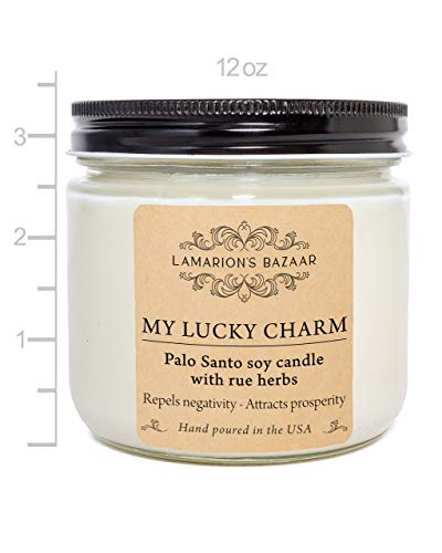 My Lucky Charm - Cleansing Palo Santo with Rue (Ruda) Herbs - Large Candle for Healing, Good Luck and Protection - 12 oz. Soy Candle in a Kraft Box