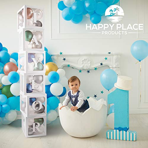 Baby Balloon Box with Letters (6 White Boxes) - 2-Sets of A-Z, 52 Letters for Custom Name - Baby Boxes with Letters for Baby Shower Decorations for Boy, Birthday Party, Gender Reveal Box for Balloons