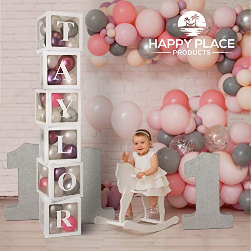 Baby Balloon Box with Letters (6 White Boxes) - 2-Sets of A-Z, 52 Letters for Custom Name - Baby Boxes with Letters for Baby Shower Decorations for Boy, Birthday Party, Gender Reveal Box for Balloons