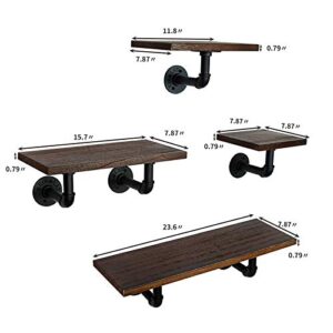 MANTE BLONG QTSARTISAN 24-Inch Industrial Pipe Floating Shelves Wall Mounted, Rustic Wood Wall Shelves Set of 4 for Bedroom, Bathroom, Living Room, Kitchen,Office and More (4 Shelves, Brown)