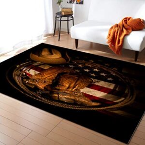 area rug for bedroom living room- retro western cowboy hat with boots rope on american flag contemporary floor carpet comfy runner rug nursery playmats home decor mat, 5'x8'