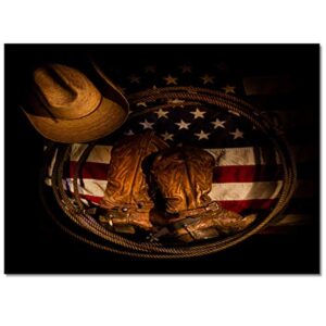 Area Rug for Bedroom Living Room- Retro Western Cowboy Hat with Boots Rope on American Flag Contemporary Floor Carpet Comfy Runner Rug Nursery Playmats Home Decor Mat, 5'x8'