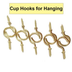 XeeDoo Cup Hooks for Hanging,12 Pack 2 inch Metal Screw in Ceiling Hooks Heavy Duty Brass Plated Hooks Holders for Outdoor Indoor,Gold