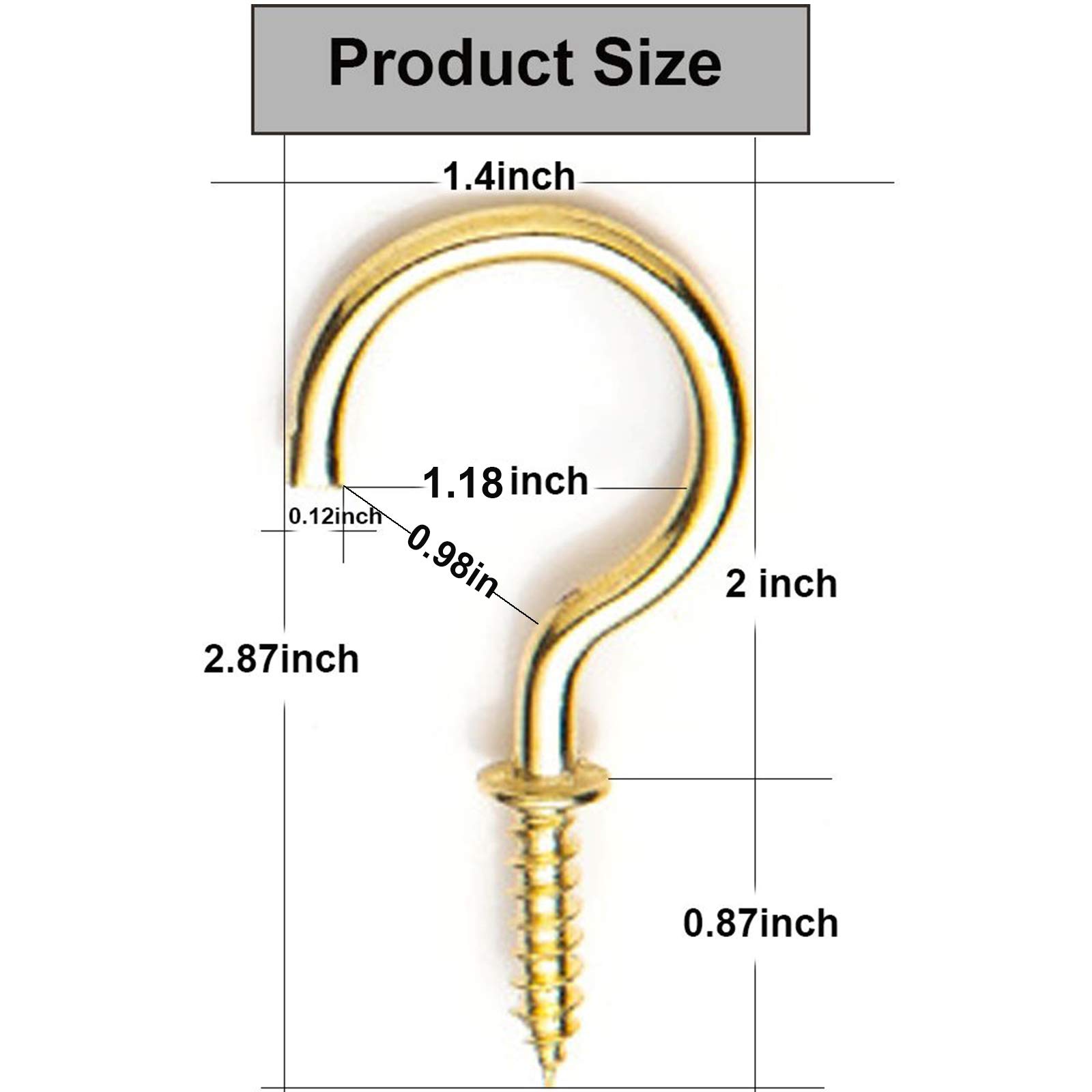 XeeDoo Cup Hooks for Hanging,12 Pack 2 inch Metal Screw in Ceiling Hooks Heavy Duty Brass Plated Hooks Holders for Outdoor Indoor,Gold