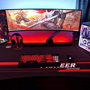 Flamaker Gaming Desk 44 Inch Gaming Table Computer Desk PC Gamer Table T Shape Game Station with Large Carbon Fiber Surface, Cup Holder & Headphone (Light Black)