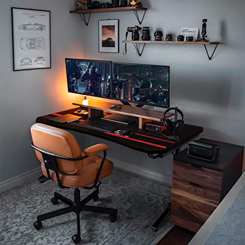 Flamaker Gaming Desk 44 Inch Gaming Table Computer Desk PC Gamer Table T Shape Game Station with Large Carbon Fiber Surface, Cup Holder & Headphone (Light Black)