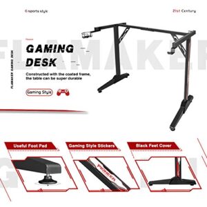 Flamaker Gaming Desk 44 Inch Gaming Table Computer Desk PC Gamer Table T Shape Game Station with Large Carbon Fiber Surface, Cup Holder & Headphone (Light Black)