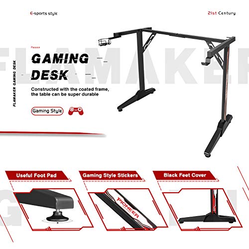 Flamaker Gaming Desk 44 Inch Gaming Table Computer Desk PC Gamer Table T Shape Game Station with Large Carbon Fiber Surface, Cup Holder & Headphone (Light Black)