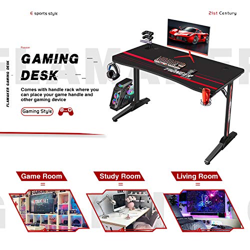 Flamaker Gaming Desk 44 Inch Gaming Table Computer Desk PC Gamer Table T Shape Game Station with Large Carbon Fiber Surface, Cup Holder & Headphone (Light Black)