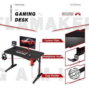 Flamaker Gaming Desk 44 Inch Gaming Table Computer Desk PC Gamer Table T Shape Game Station with Large Carbon Fiber Surface, Cup Holder & Headphone (Light Black)